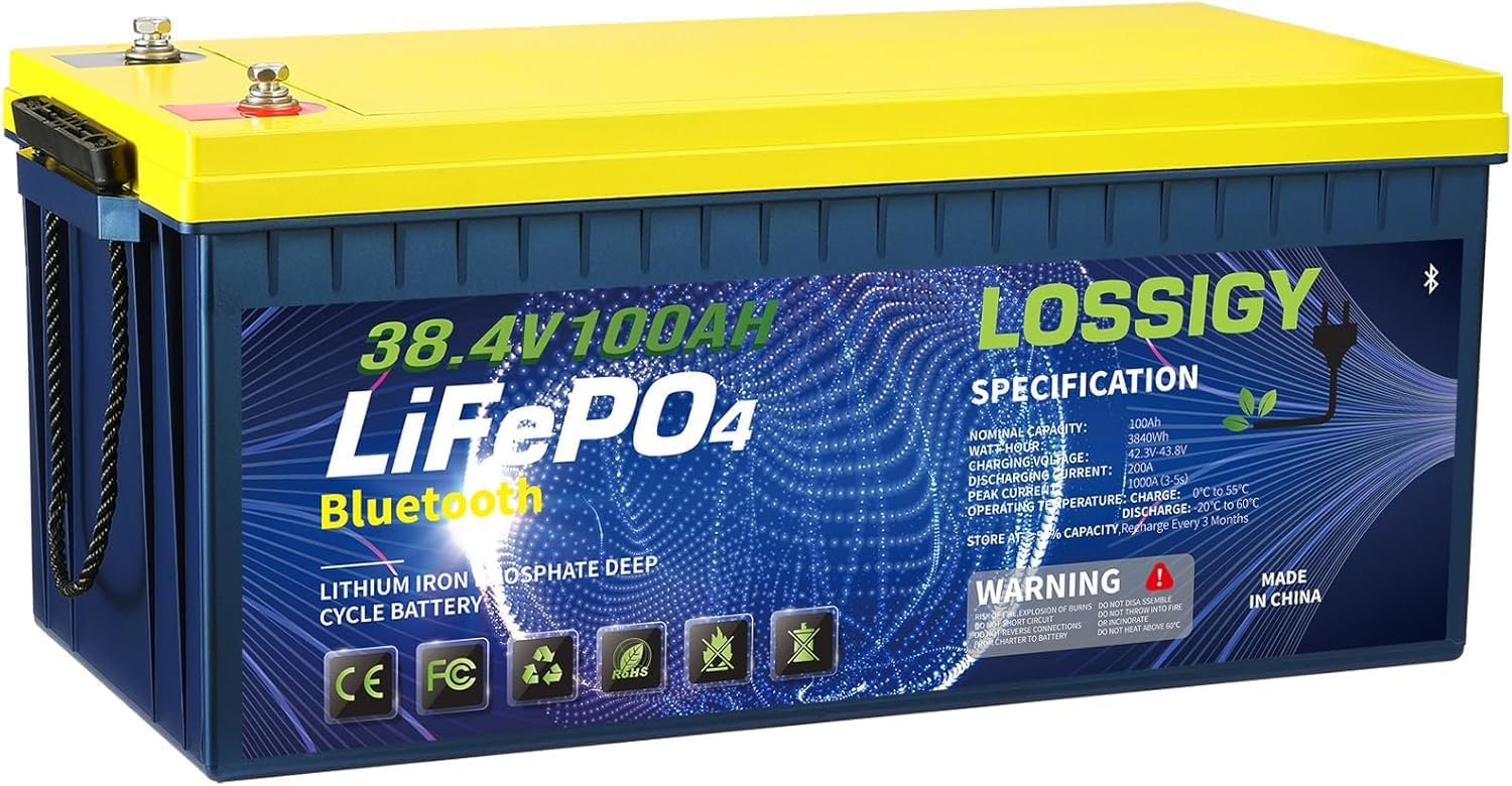 LOSSIGY 36V 100Ah LiFePO4 Lithium Battery, Built in 200A Bluetooth BMS Peak Current 1000A, 10 Yrs Lifespan, Perfect for 36 Volt Golf Cart, Trolling Motor
