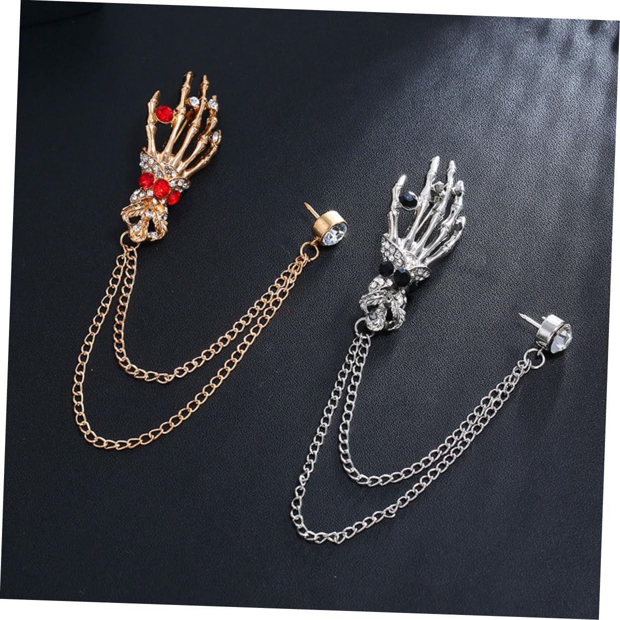 Operitacx Unique Skull Skeleton Hand Brooch Retro Gold Plated Lapel Pin with Rhinestones Halloween Costume Accessory for Women Party Decoration