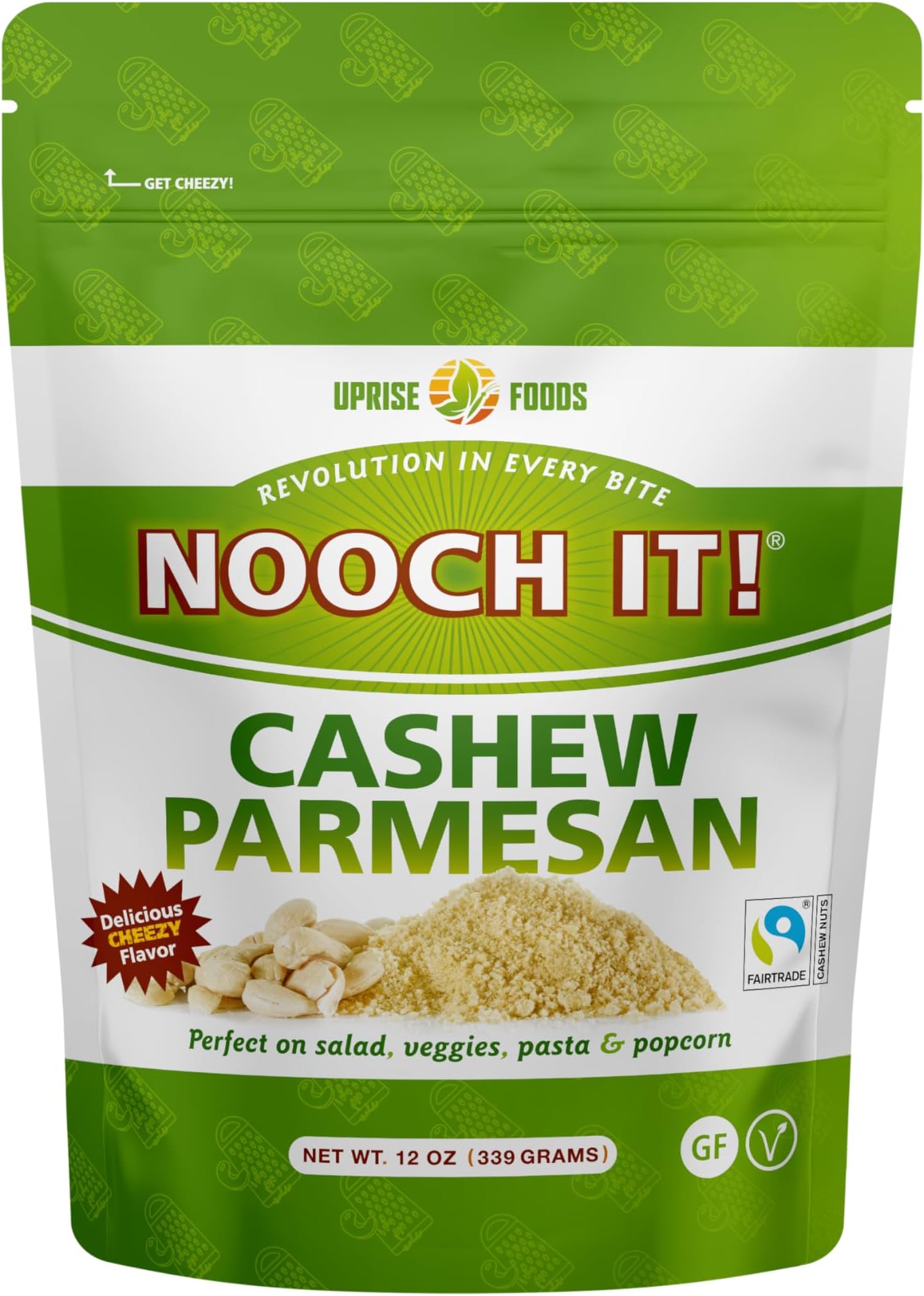 NOOCH IT Vegan Cashew Parmesan Cheese – 12oz | Dairy-Free, Organic, Fair Trade | Grated Plant-Based Cheese Topping & Parmesan Substitute for Pasta, Pizza, Popcorn, and Family Meals