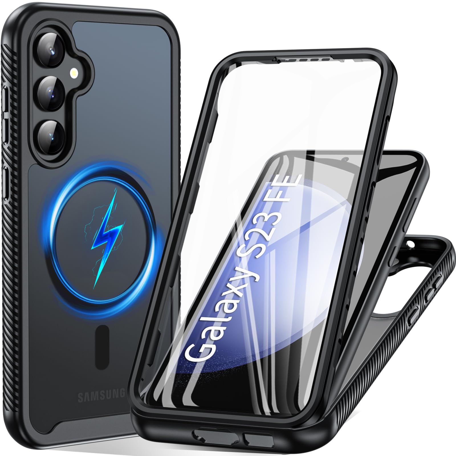 Hensinple Magnetic for Samsung Galaxy S23 FE Phone Case with MagSafe, Black | Built-in Screen Protector, 360 Full Body, Military Grade Protection, Shockproof Translucent Matte Back Cover