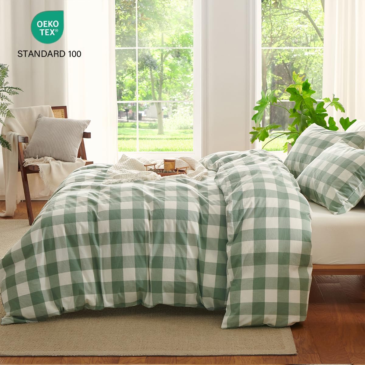 Green Gingham Duvet Cover Queen Size 100% Washed Cotton Duvet Cover Green Plaid Bedding Set Farmhouse Checkered Grid Bedding with 2 Pillowcases