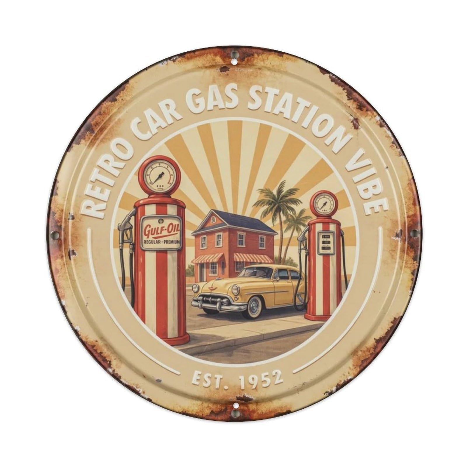 Retro Car Gas Station Vibe. Metal Tin Sign Plaque