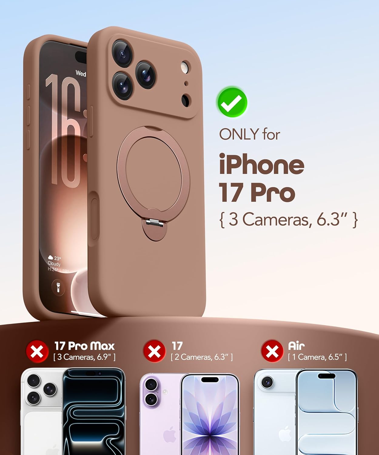 GolbinBox for iPhone 17 Pro Case with 360° Spin Magnetic Stand, [Compatible with MagSafe][Full Camera Protection], Full Body Shockproof Liquid Silicone Case with Ring Kickstand for 17 Pro 6.3'', Brown - Image 2