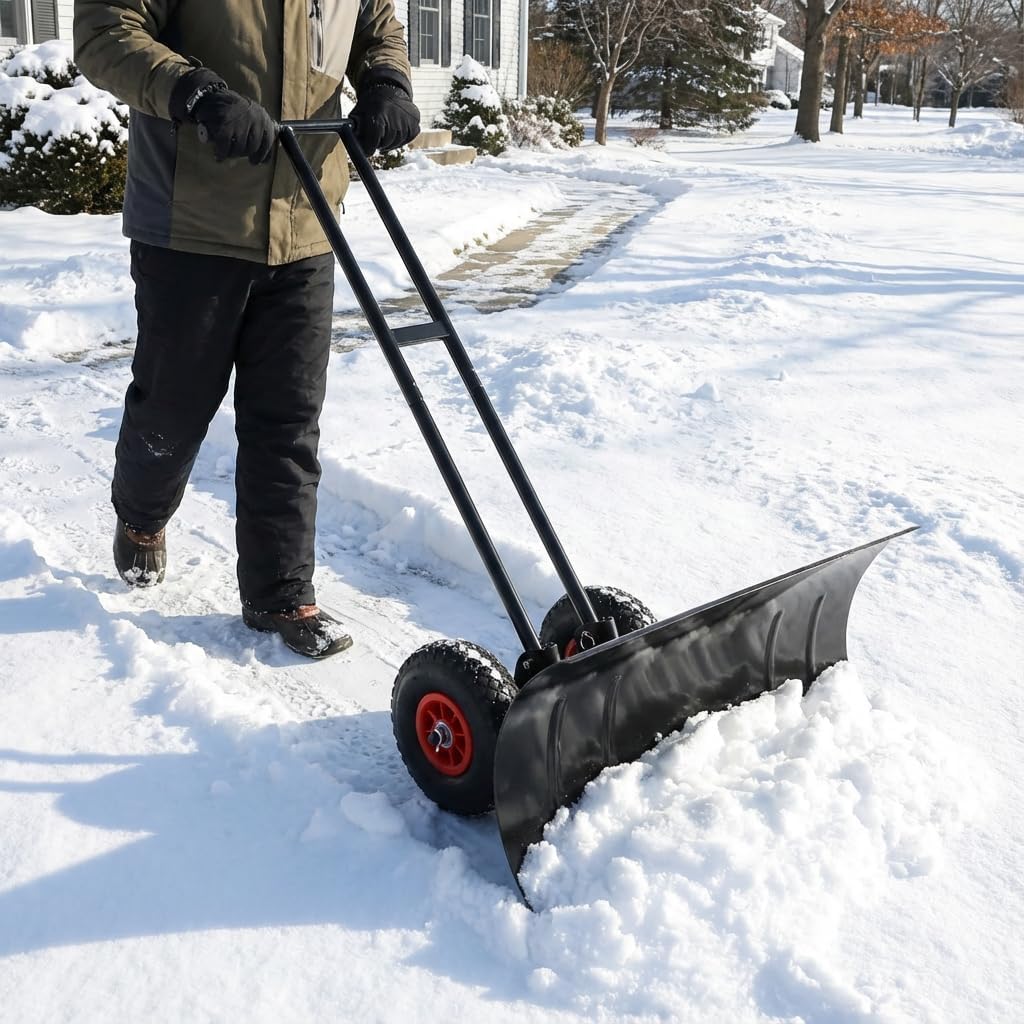 Leero Snow Shovel Wheeled, Large 29" Blade with 5 Level Adjustable Handle and Pivoting Chute Angle, Efficient Metal Snow Shovel for Driveway, Also for Sidewalks, Barn, Skating Rink