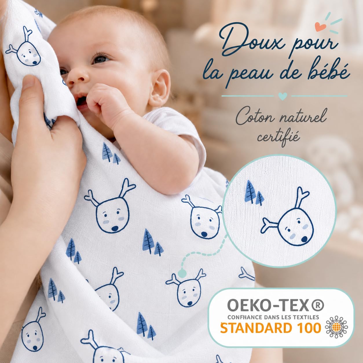 Bubblin Langes Bébé Lot de 3 Mousselines 80x80 cm, 100% Coton Naturel Certifié Oeko-TEX, Couverture Bèbè (Ourson)