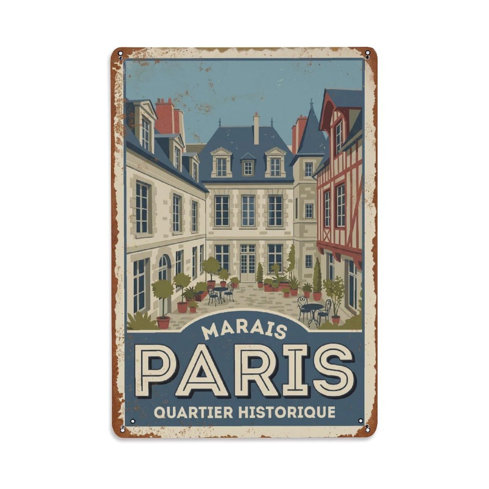 Vintage Travel Paris Marais District Rusted France Metal Tin Sign Plaque Wall Decor for Cafe, Club Bar, Office, Home Garden Metal Poster 8x12Inch