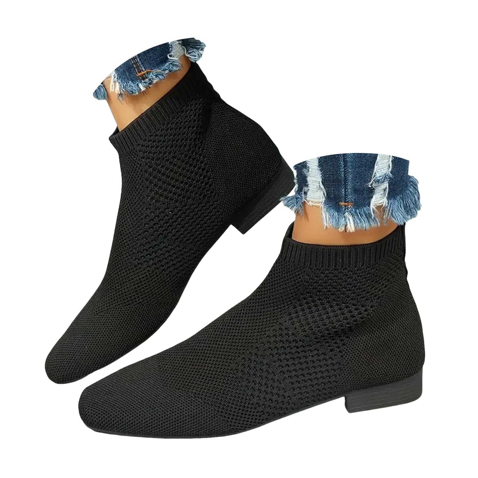 Womens Ankle Boots Pull on Slip on Short Square-toe Booties Chunky Heel Knit Sock Boots Low Heel Comfortable