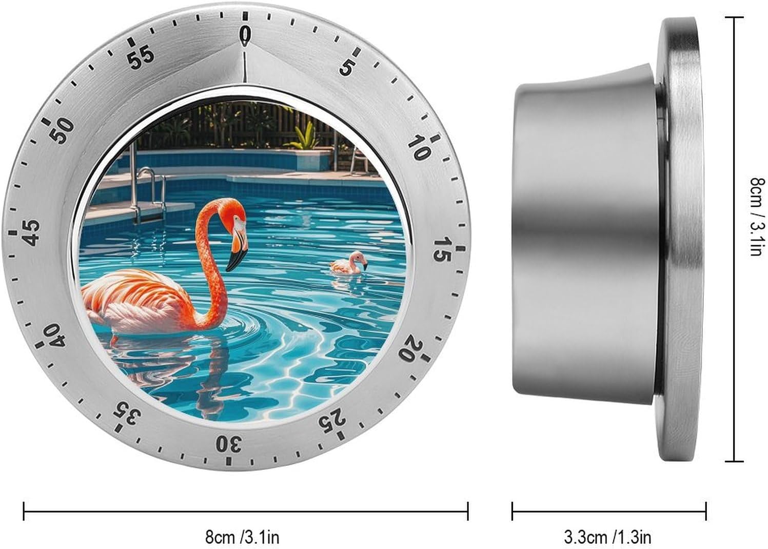Flamingo and Swimming Pools Timer Stainless Steel Kitchen Timers Waterproof & Rust-Proof 60 Minute Mechanical Timer with Loud Alarm for Cooking, Baking, Fitness