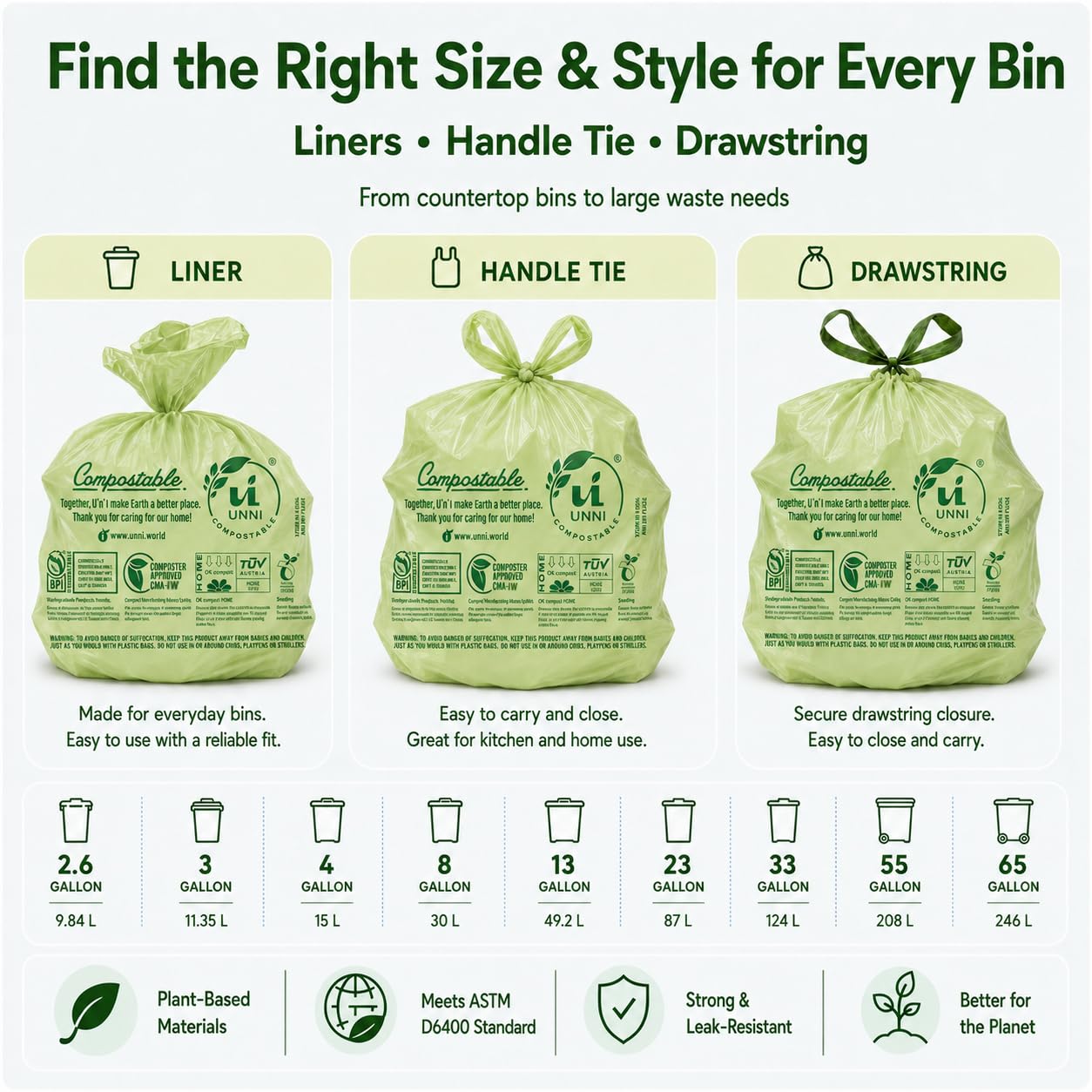 UNNI ASTM D6400 100% compostables Bolsas de Basura, 4 galones, 15 litros, 100 Unidades, Extra Gruesa de 0,75 milésimas de Pulgada, los Estados Unidos y Europa BPI Ok Compost Home Certificados