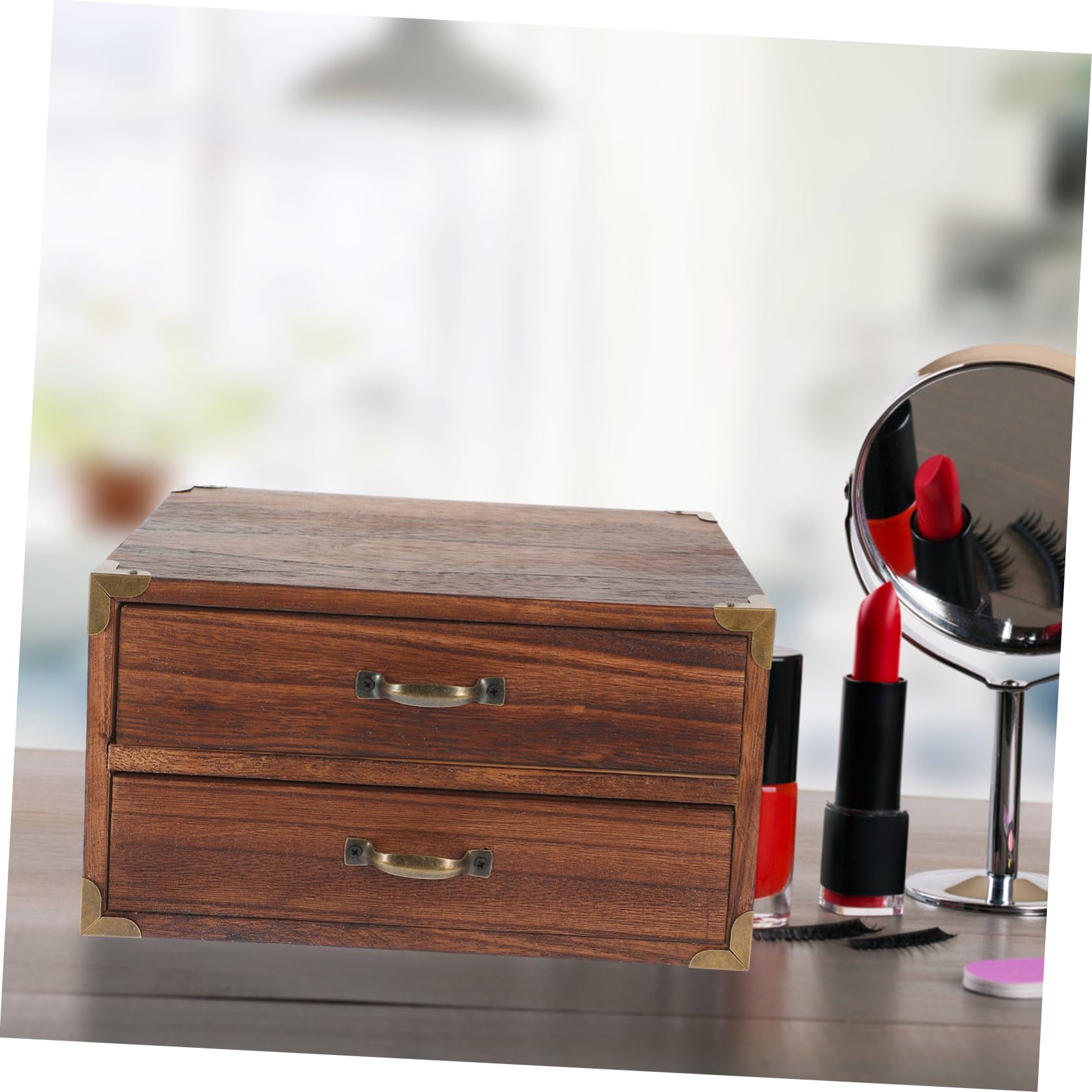 OUNONA Vintage Holzbox mit Schubladen Schreibtisch Organizer für Home Office 2 Schubladen Großzügiger Stauraum Ordentliche Aufbewahrung