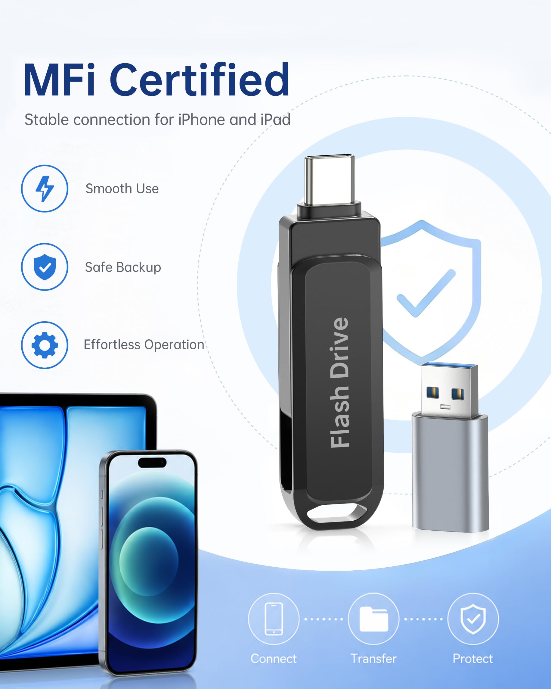 Unidad USB de 512 GB con certificación MFI (negro) - Compatible con iPhone, iPad, Android y PC, unidad flash portátil 3 en 1, memoria USB para almacenamiento de datos con ~ 484 GB de espacio