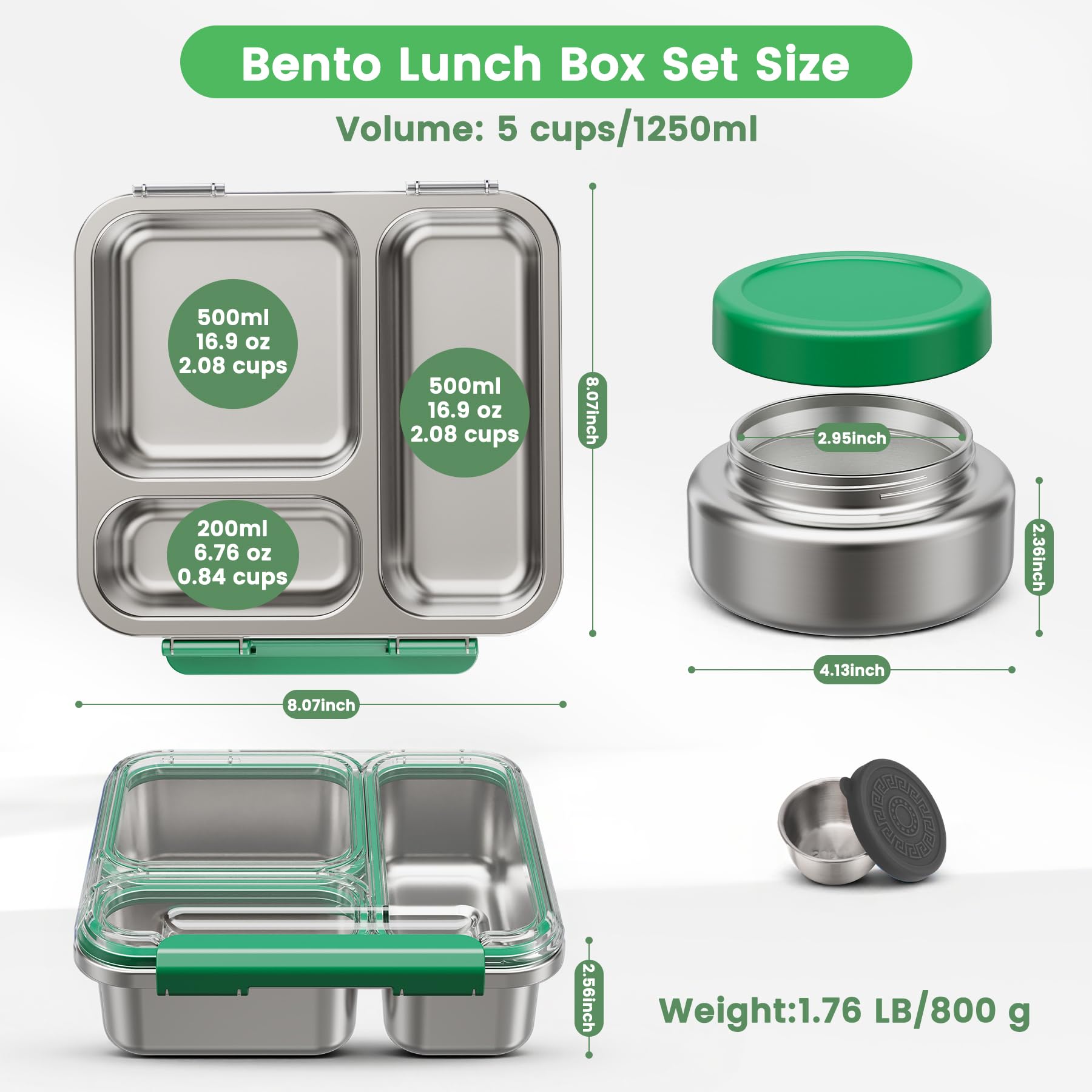 Itslife Bento Lunch Box Adulti Bambini in Acciaio Inox con 200ml Contenitore Termico per Alimenti, Porta Pranzo 3 Scomparti con Contenitore per Salse, per Lavoro Picnic Ufficio, senza BPA, Verde