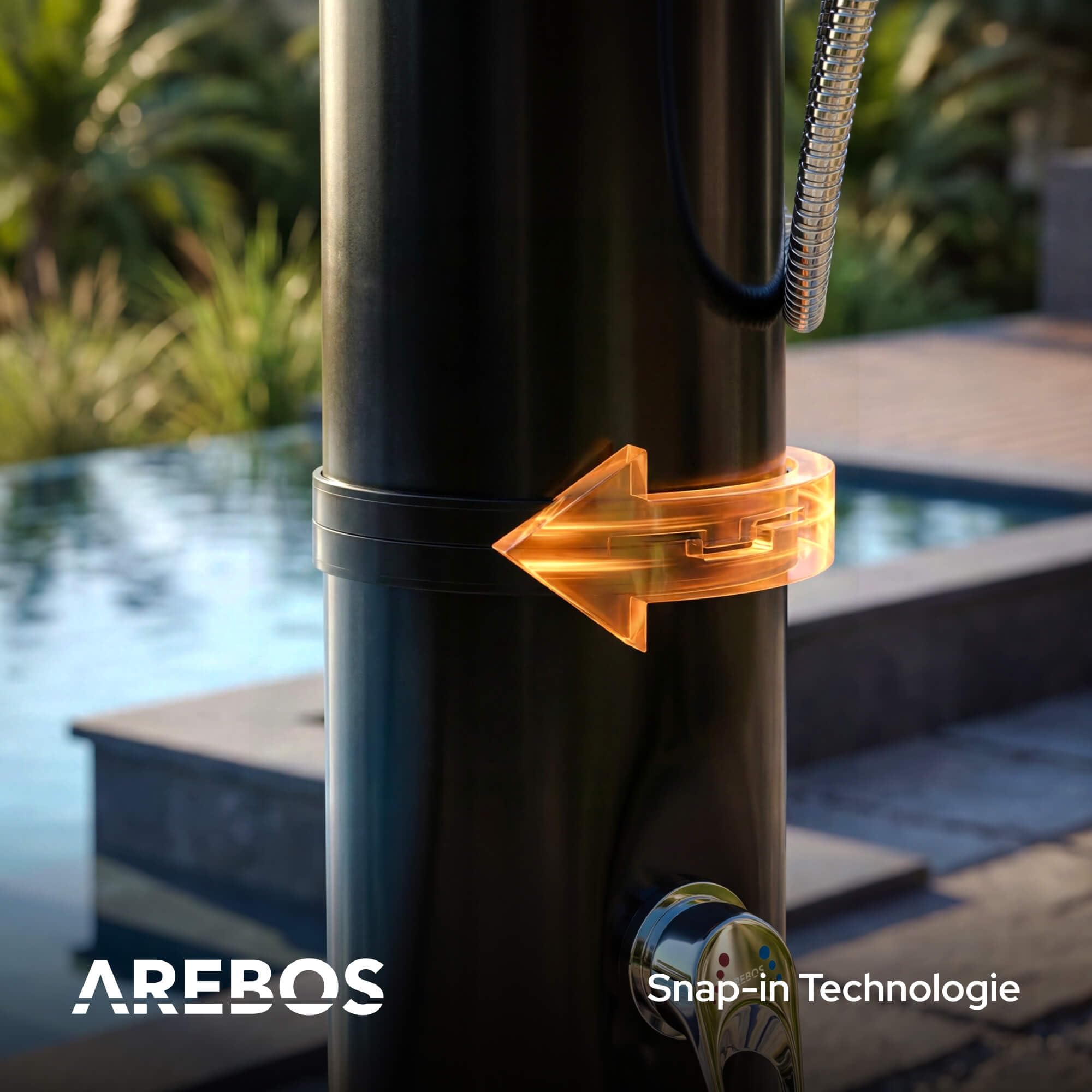Arebos Solardusche 40 L Schwarz | Pooldusche & Gartendusche mit Thermometer | Regendusche mit Handbrause, Fußdusche & 360° Duschkopf | inkl. Abdeckhaube