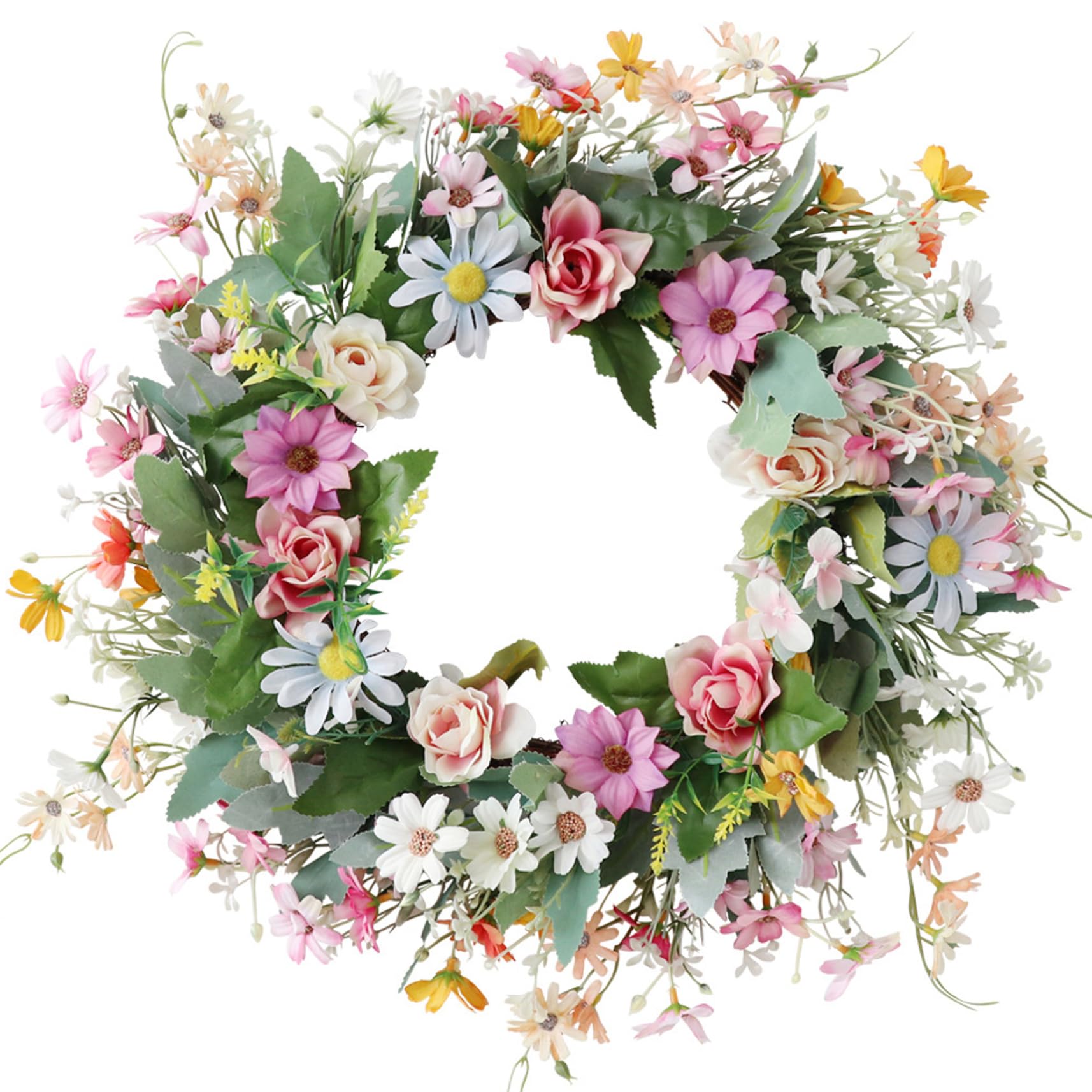 Otbushit 18 Inch Colorful Vivid & Lifelike Daisy Wreath with Green Leaves, Hanging Silk Spring/Summer Wreath for Front Door Wall Window