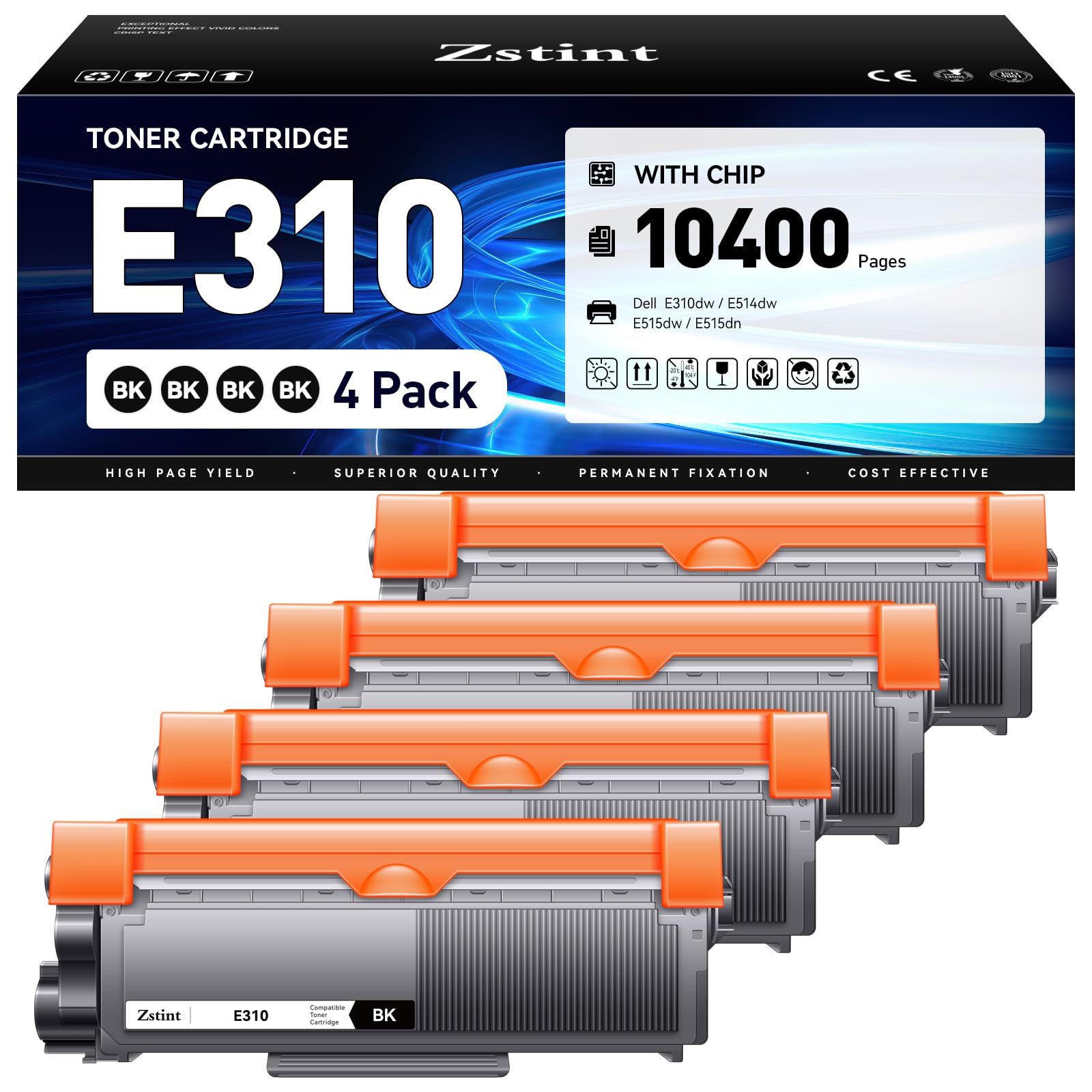 E310 Toner Cartridge 4-Pack Black Replacement for Dell E310 E310dw E514 E515 P7RMX PVTHG 593-BBKD Toner Compatible with Dell Wireless Monochrome