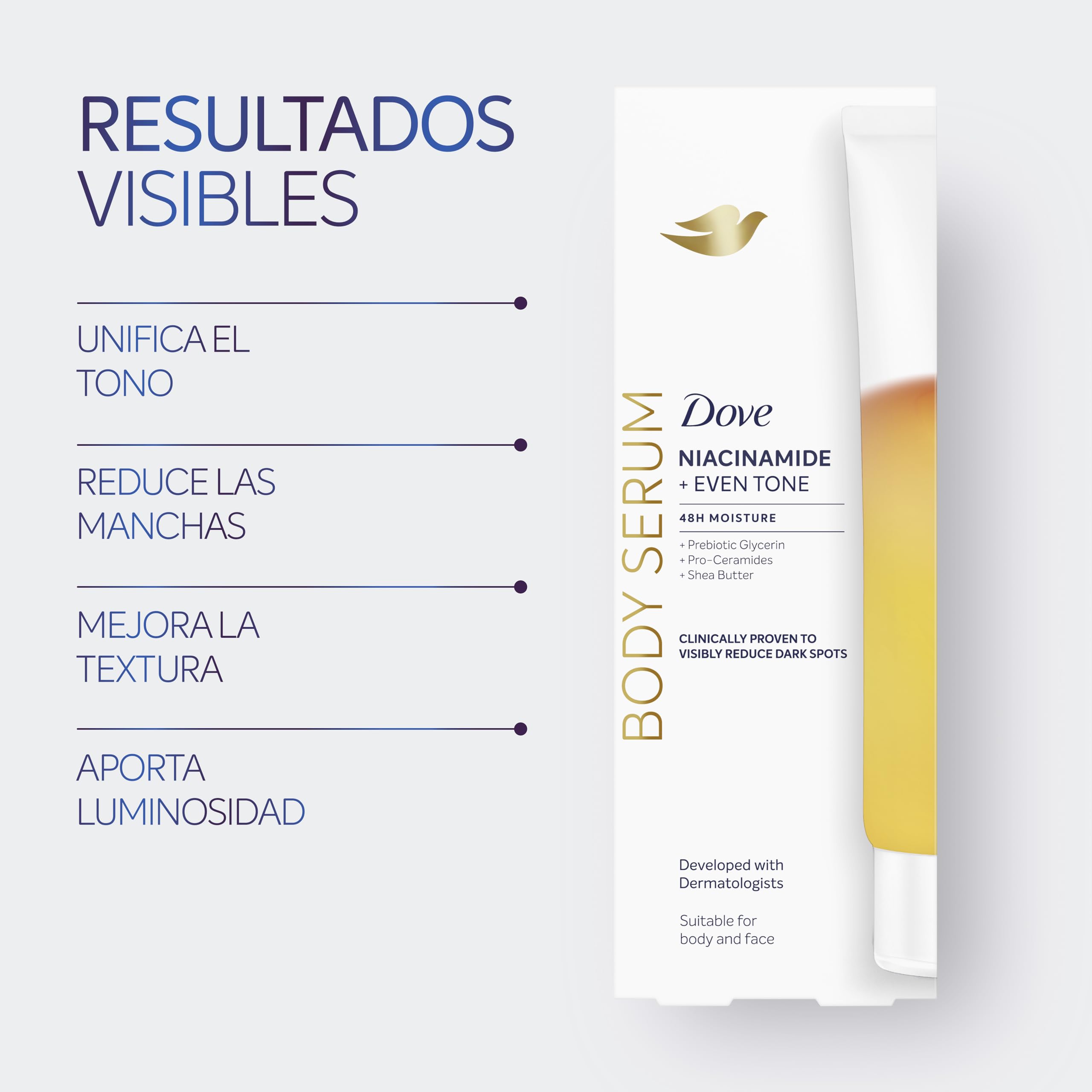 Dove Sérum Corporal Niacinamida +Tono Uniforme para piel con manchas y tono desigual con niacinamida, glicerina prebiótica, pro-ceramidas y manteca de karité 200 ML