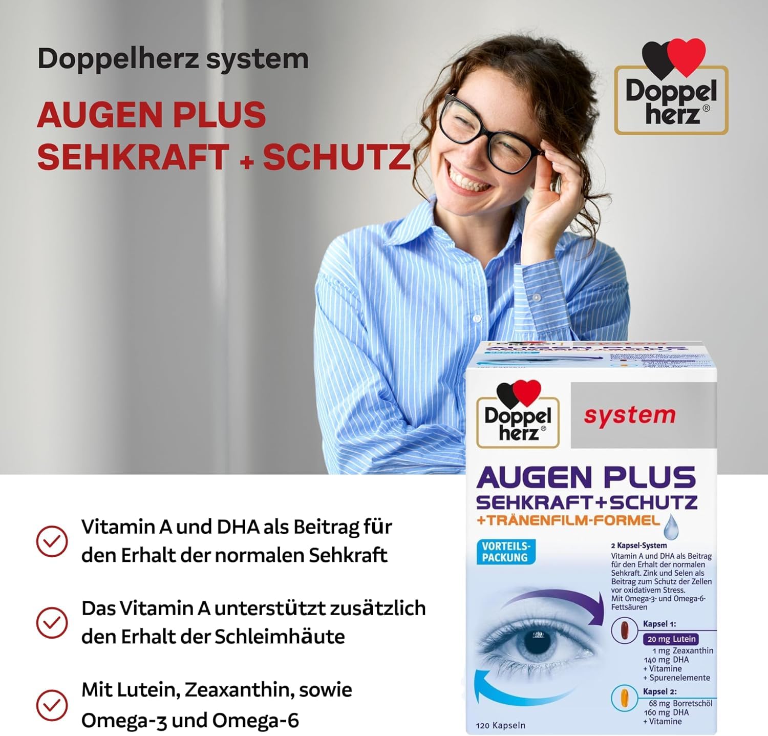 Doppelherz system AUGEN PLUS SEHKRAFT + SCHUTZ – Mit Vitamin A und der Omega-3 Fettsäure DHA als Beitrag für den Erhalt der normalen Sehkraft – 2 x 120 Kapseln