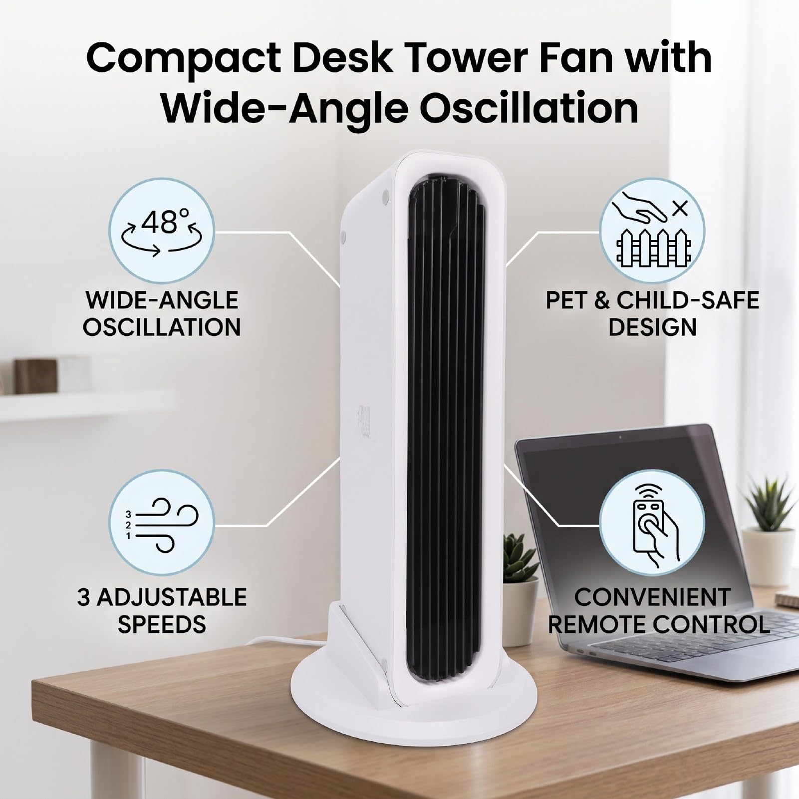 Ventilatore a Torre Silenzioso, Ventilatore Oscillante con Impostazione della velocità Regolabile, Oscillazione a 48 Gradi for Casa (bianco e nero)
