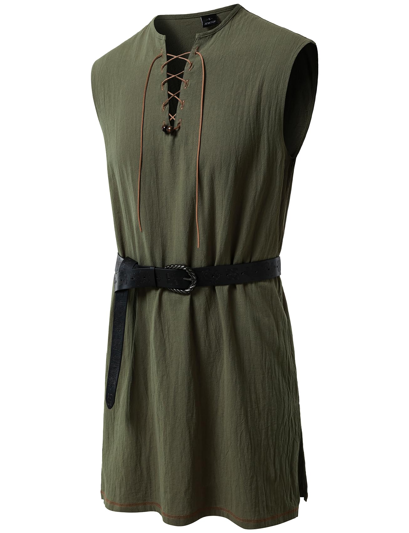 JEMITOP Men's Renaissance Pure Cotton Lace Up Tunic Costume Sleeveless Shirt Pirate Medieval Viking Vest Without Belt, Army Green, XXL