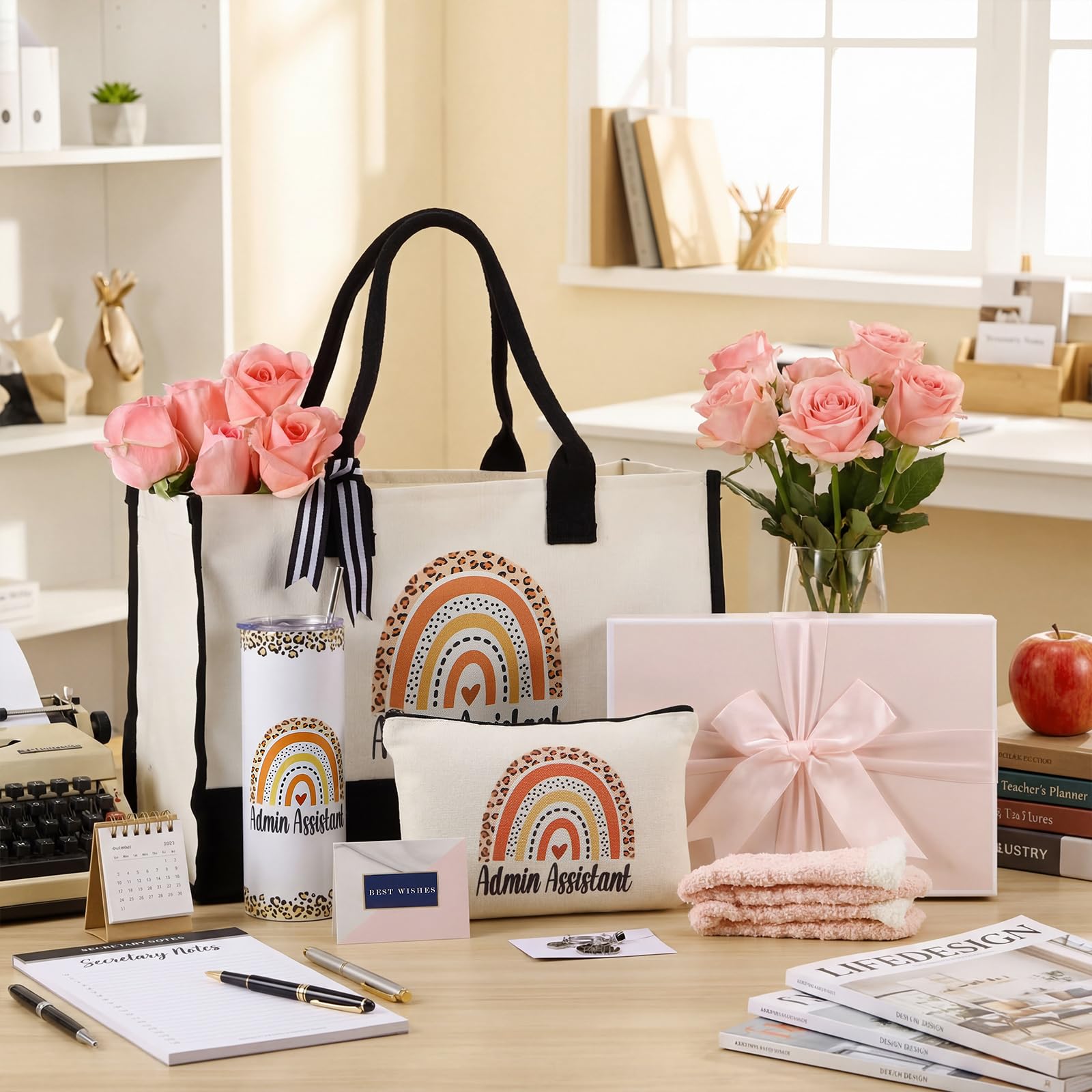 Geiserailie 8 Pcs Administrative Assistant Gifts for Women Including Large Tote Bag Cosmetic Bags Tumbler Cup Plush Socks Metal Keychain Card Administrative Professionals Day Gifts for Secretary Day