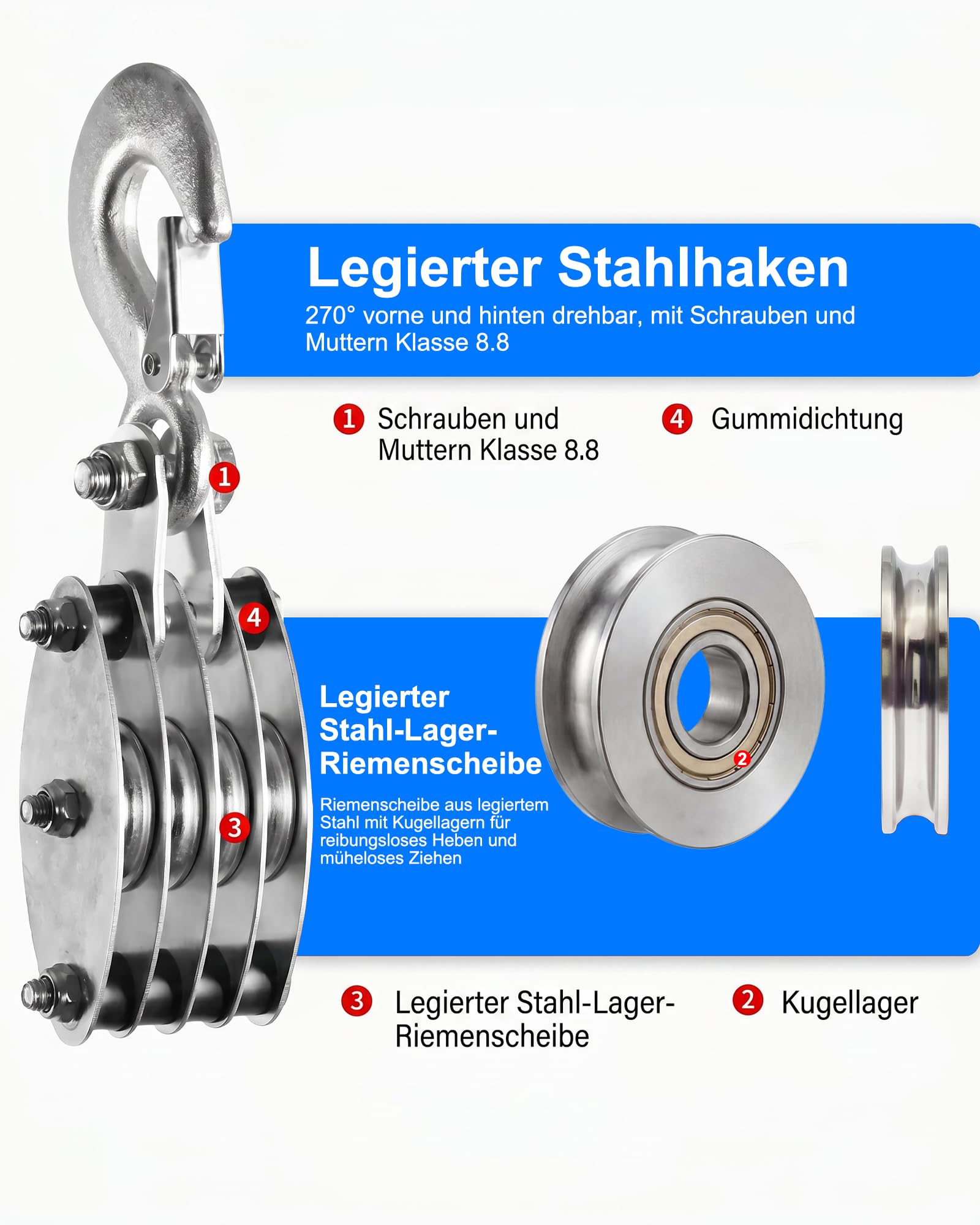 Flaschenzug Arbeitssparender, 8:1 Hubkraft Seilzug mit 20m Seil & Stahl-Kugellager, 2000kg Max Schwerlast Flaschenzug-Set für Garage, Werkstatt, Jagd & Boot, Rostfrei Verzinkt - Schwarz