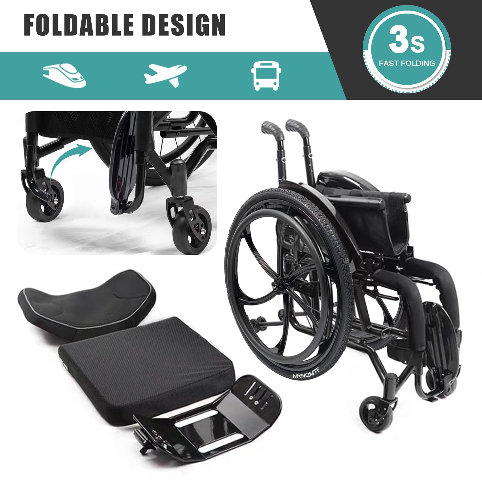 Sportowe wózki inwalidzkie, 15 kg, super lekki wózek inwalidzki z aluminiową ramą, szybkie zapięcie, ręczny hamulec, wózek inwalidzki, torba do przechowywania, obciążenie 100 kg (szerokość siedziska