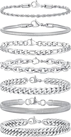 VNOX 5/7 Pcs Chain Bracelet for Men Women - Sturdy Stainless Steel Curb Width Cuban Link Chain Bracelet Set for Men Women,6.5/7/7.4/8.2/9 Inches