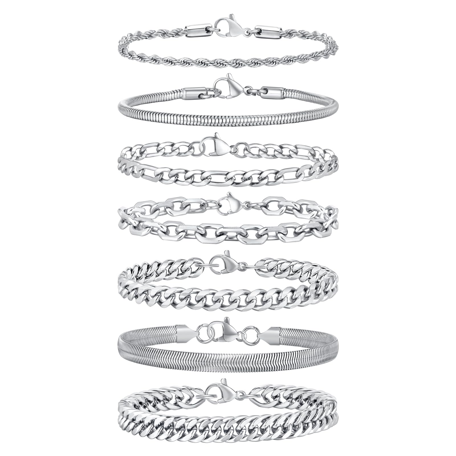 VNOX 5 7 Pcs Chain Bracelet for Men Women - Sturdy Stainless Steel Curb Width Cuban Link Chain