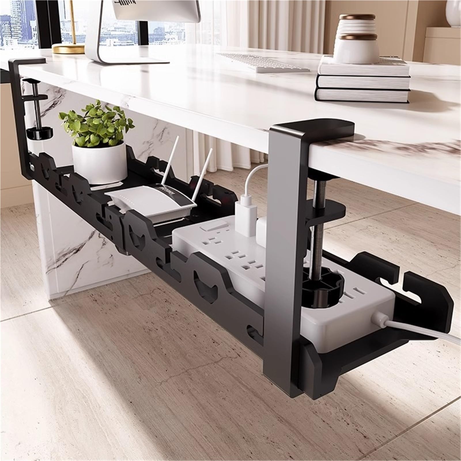 Bandeja Gestion Cables Estante de almacenamiento telescópico debajo la Mesa, bandeja gestión cables Metal, organizador for escritorio oficina en casa, accesorios sin perforación(White fixed)