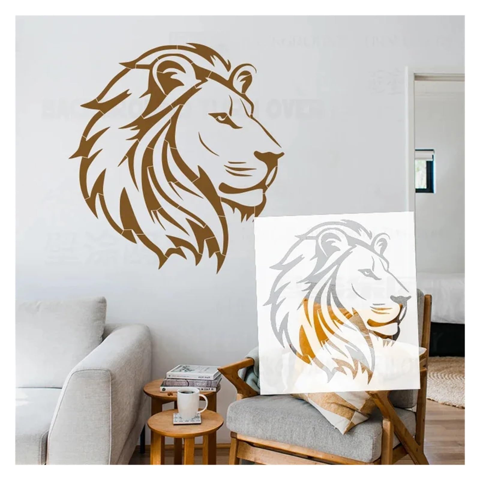 Wandschablone Löwenkopf-Schablone for Malen, 43 cm – 85 cm, Wand, Gips, Dekor, wiederverwendbar, DIY-Vorlage, Möbel(L 60cmX64cm - B)