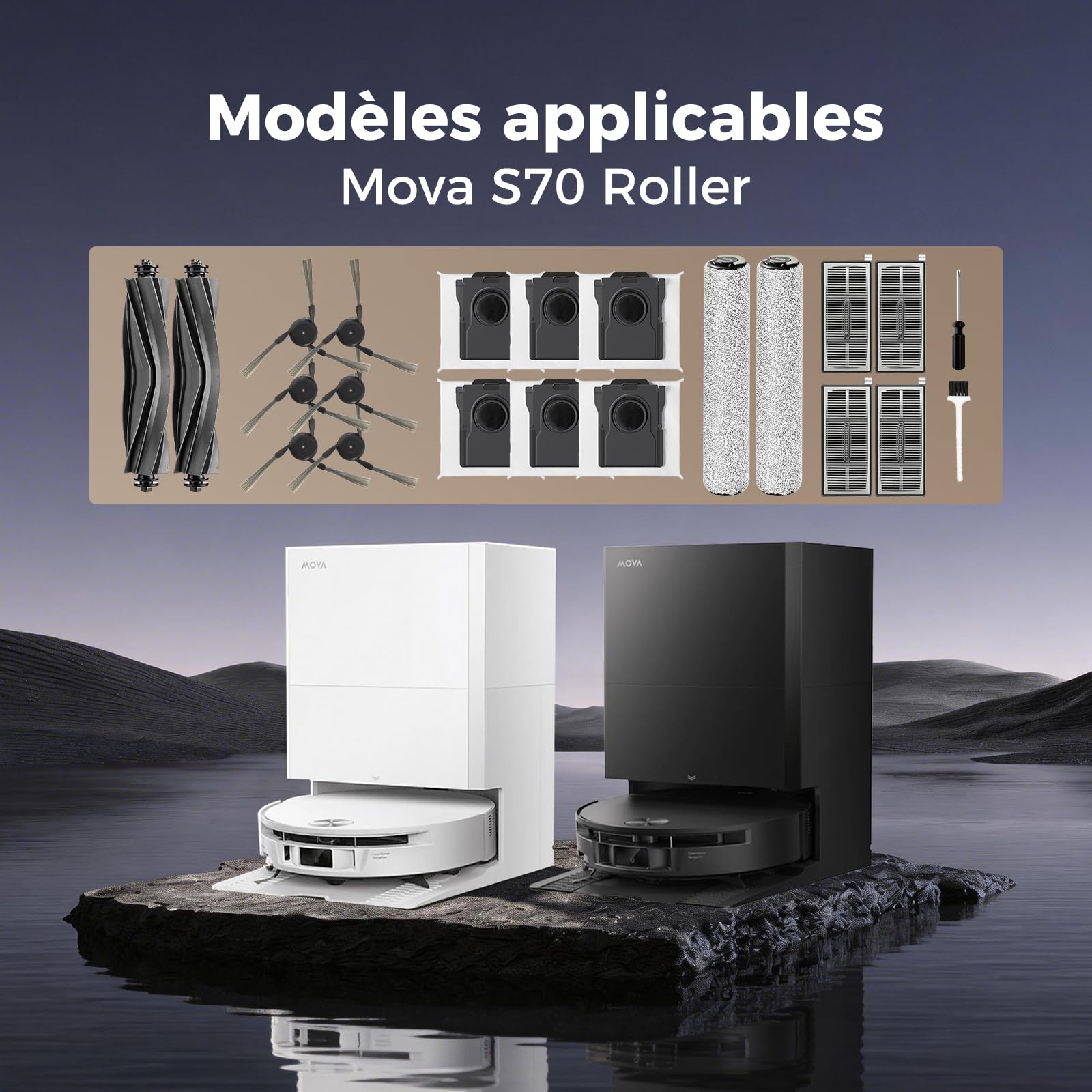 Accessoires pour Mova S70 robot aspirateur, 22pcs kits d'accessoires : 2 essuie-glaces, 2 brosses principales, 6 sacs à poussière, 6 brosses latérales, 4 filtres HEPA, 1 tournevis, 1 brosse-Yivy