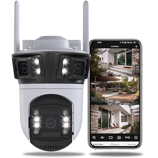 Pan Tilt Outdoor Security Camera, 3 Lens HD 2K Wireless Wi-Fi IP Camera, Home Surveillance CCTV Cameras with Motion Detection Alarm/Auto Tracking/Night Vision/Remote Viewing (3 Lens Cam)