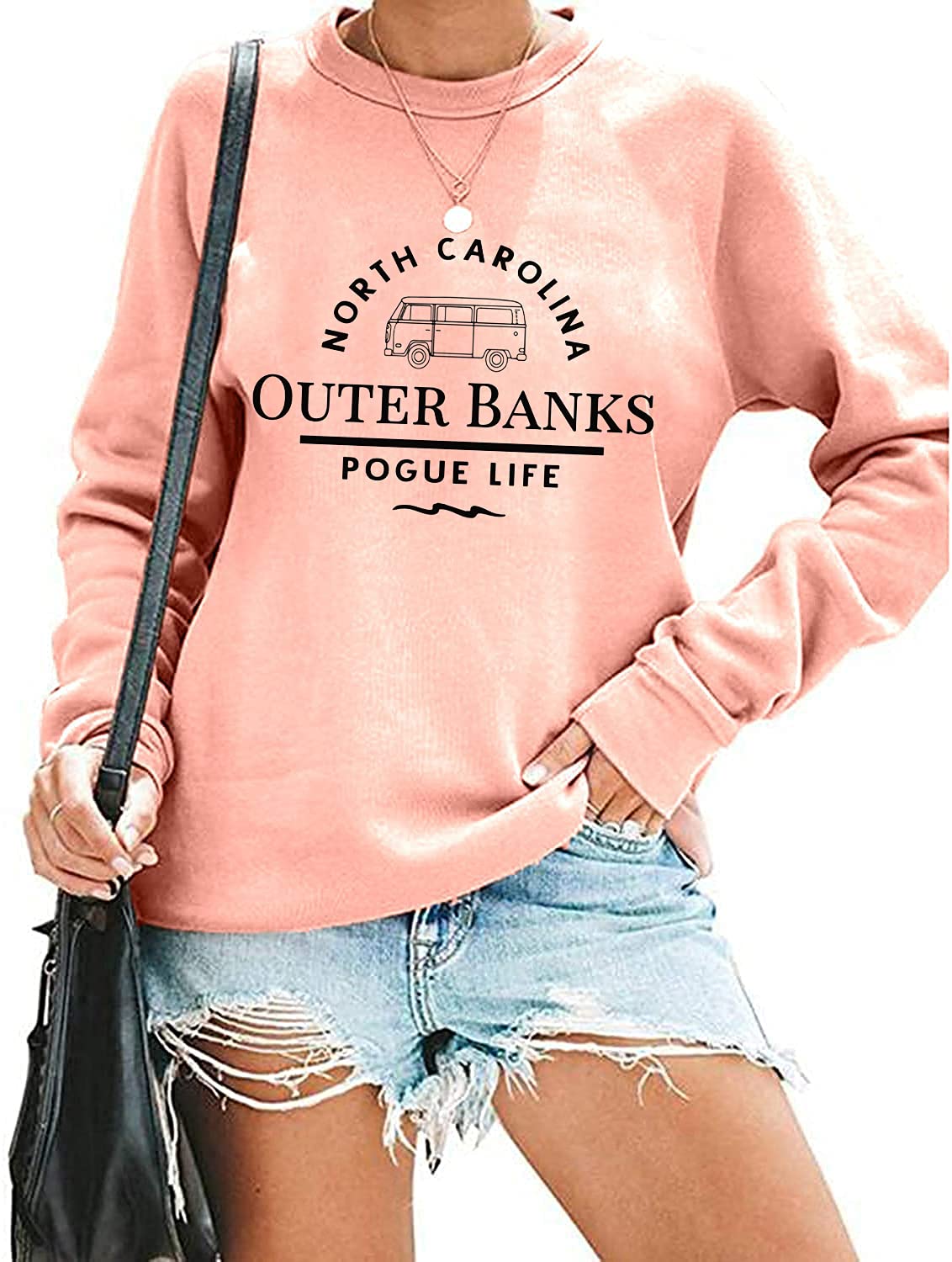 TOWNOWN Women Pogue Life Outer Banks Sweatshirt Surf Van T-Shirt Funny Letter Print Long Sleeve Pullover Top Shirt