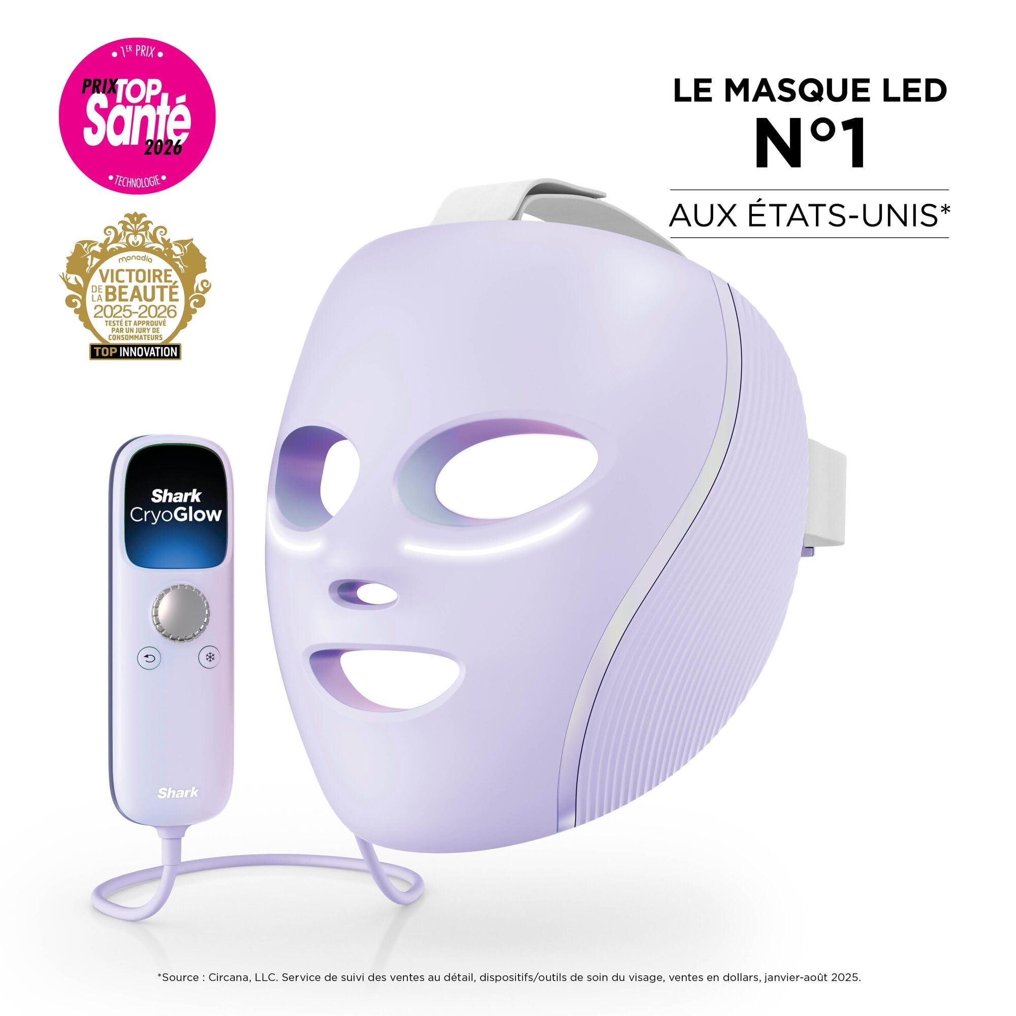 Masque LED Shark CryoGlow avec rafraîchissement du contour des yeux, LED rouge et bleue, Photothérapie par lumière infrarouge, FW312EUPL + Shark Cryoglow Stand de recharge du masque, XSKACS300EUPL