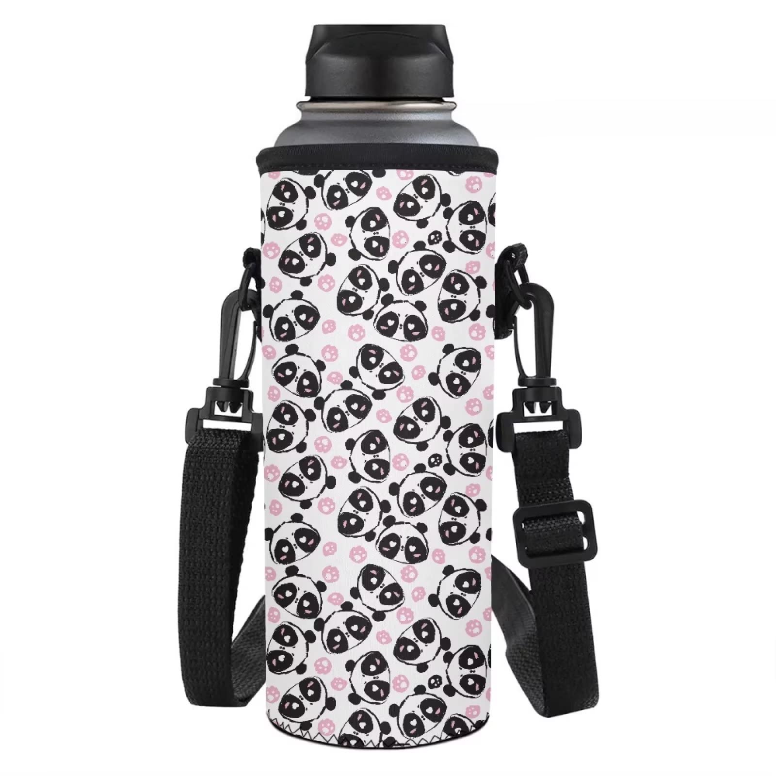 STUOARTE Paws Panda Print Cute Water Bottle Carrier for Kids Women, Insulated Slim Water Bottle Carrier Bag Neoprene Sling Case with Adjustable Shoulder Strap for Hiking Travel