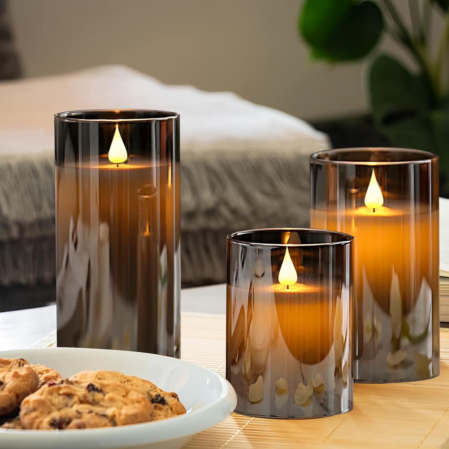 Flameless Candles, 3-Pack Battery Operated Candles, 3x4/5/6 Inches, Gray, LED Flickering Light, Acrylic Material, Safe for Kids and Pets, Perfect for Home Décor, Events, and Holiday Occasions