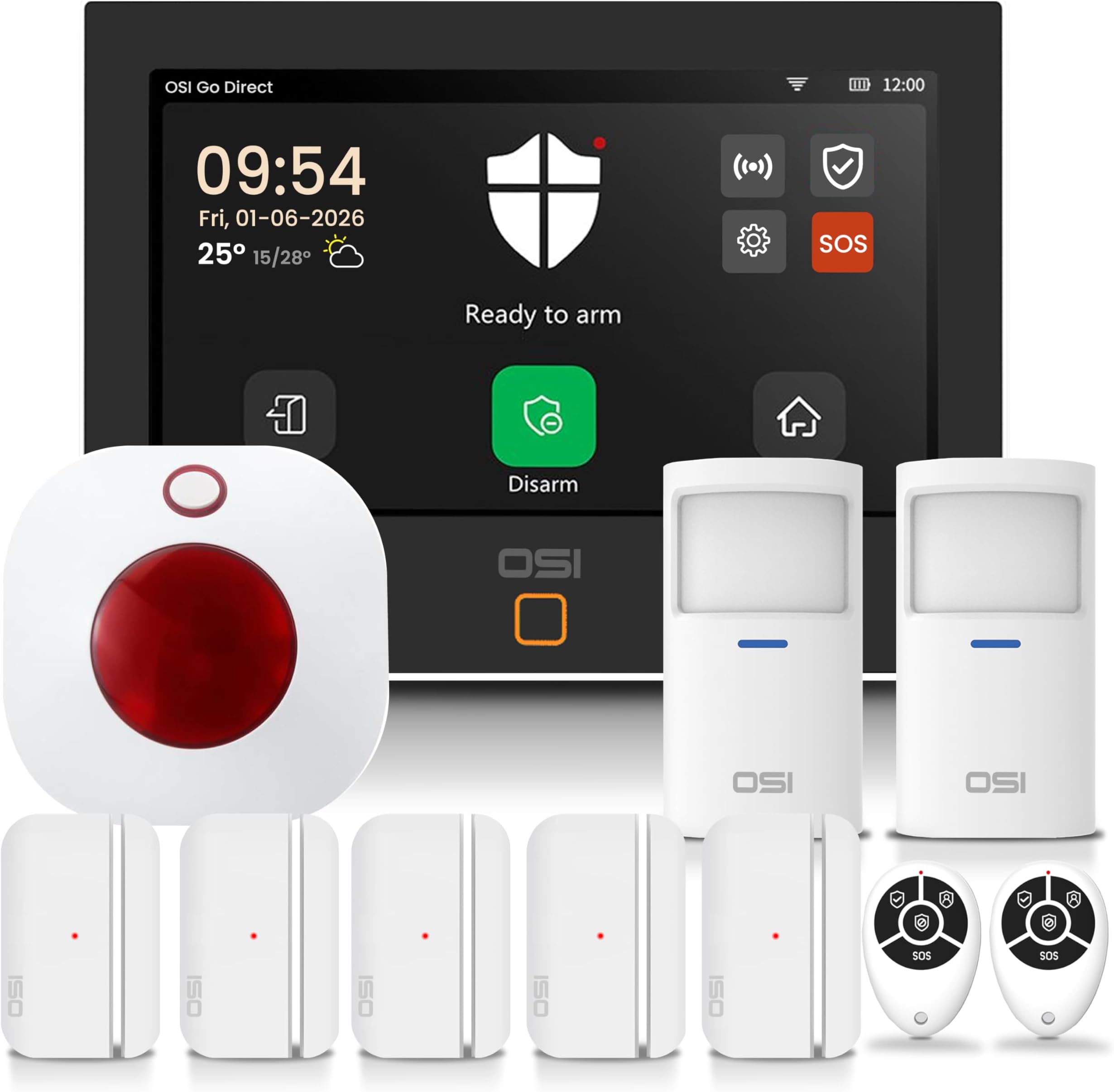 OSI Alarm System for Home Security (Gen 2)11 piece. DIY, Touch Screen, Motion Detection, Contact sensors, Wireless Siren, Remotes, Phone App, Compatible with Alexa, Continuous Updates,NO Monthly Fees