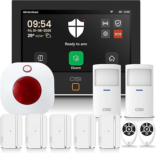 OSI Sistema de alarma para seguridad en el hogar (Gen 2) 11 piezas. DIY, pantalla táctil, detección de movimiento, sensores de contacto, sirena
