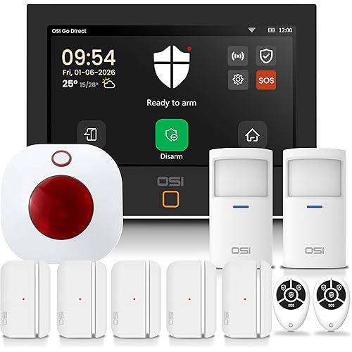 OSI Alarm System for Home Security (Gen 2)11 piece. DIY, Touch Screen, Motion Detection, Contact sensors, Wireless Siren, Remotes, Phone App, Compatible with Alexa, Continuous Updates,NO Monthly Fees
