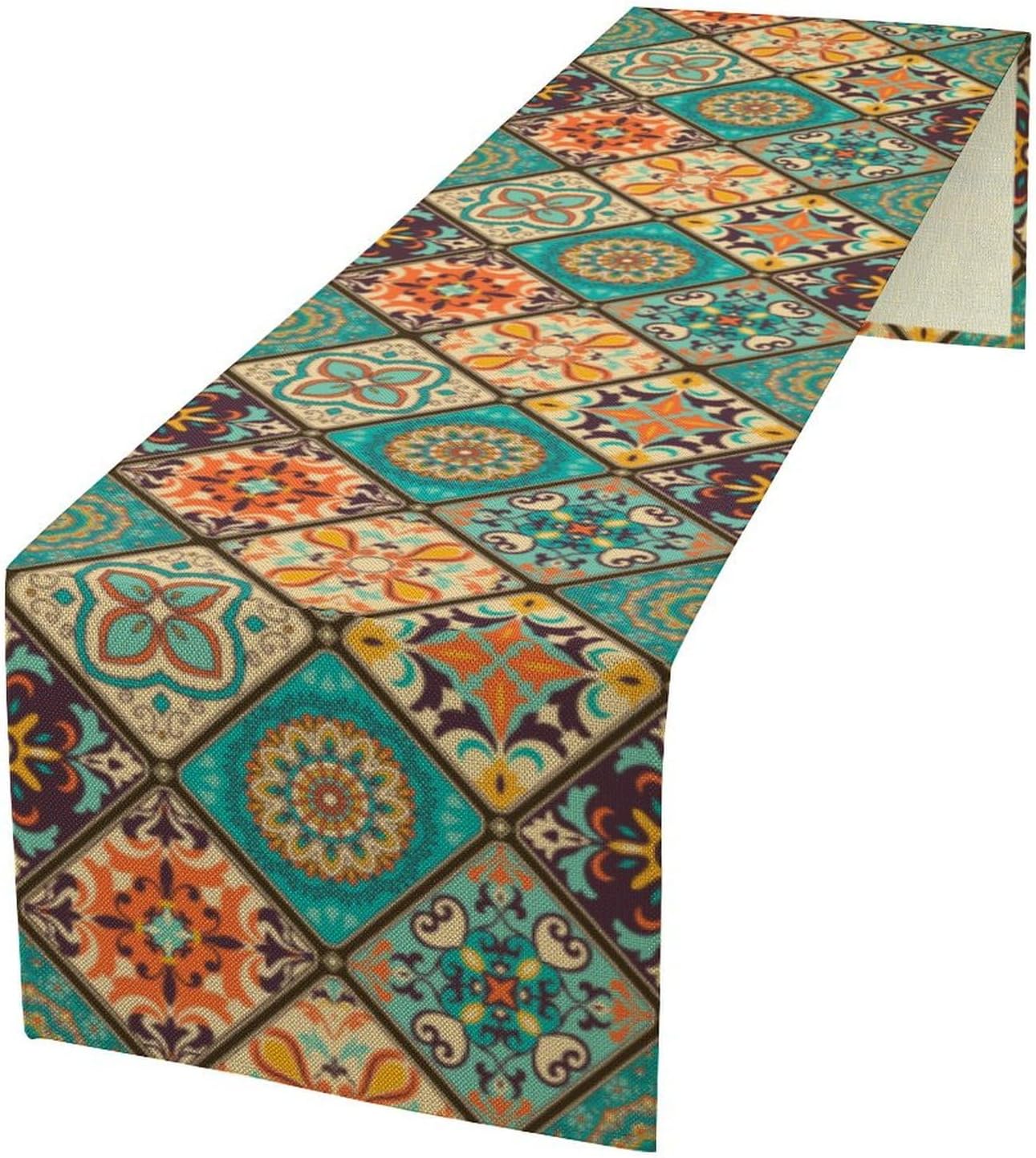 Vintage Bohemian Table Runner, Retro Floral Old Countryside Pattern Farmhouse Table Runner for Kitchen Home Party Dining Room Holiday Coffee 13x108 Inch