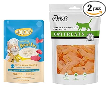 OCat Chicken and Broccoli Thin Chips 50 GMS + Moochie Creamy Broths Cat Soup with Tuna Bonitono Added Flavour and Preservatives Grain Free Human Grade Size : 40 GMS Pouch