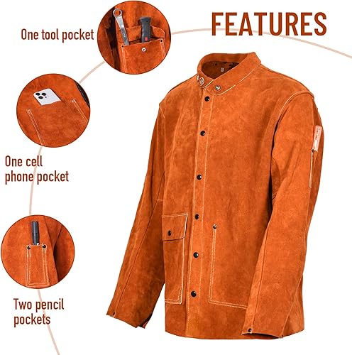 Miniatura 4 de QeeLink Chaqueta de trabajo de soldadura de cuero, resistente al fuego, resistente al fuego, para hombres y mujeres