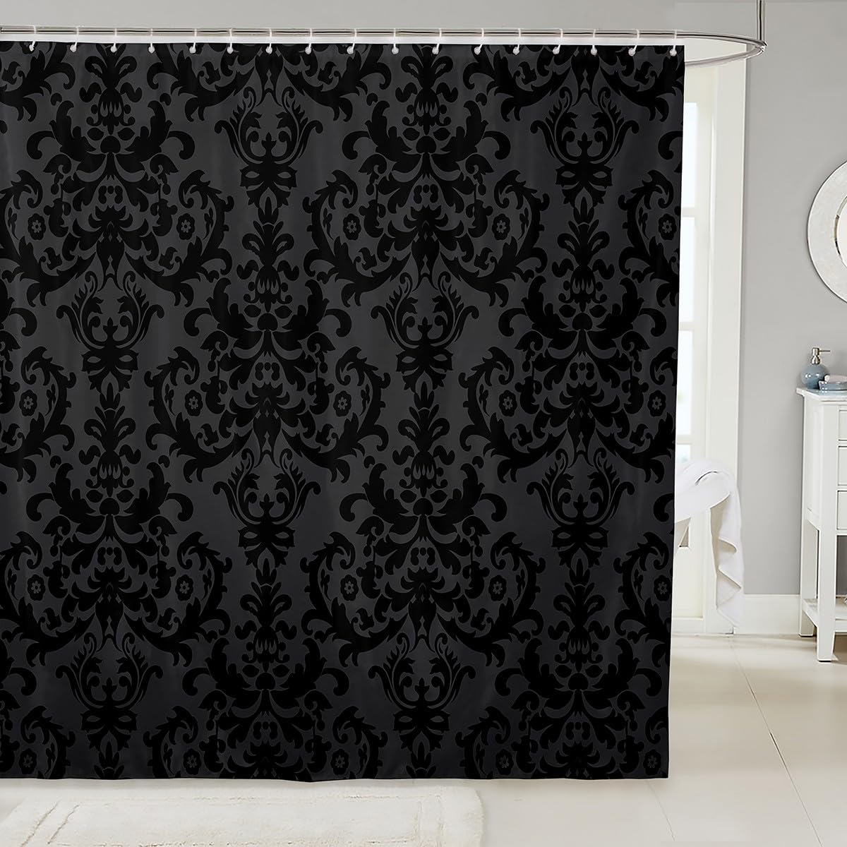 Adults Black Damask Shower Curtain - Antique Victorian Baroque 72" Wx78" Gothic Vintage Floral Bathroom Curtain with 12 Hooks