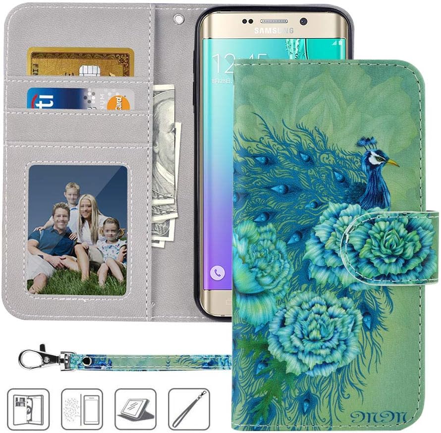MagicSky Galaxy S6 Wallet Case, Galaxy S6 Case, Premium PU Leather Flip Folio Case Cover with Wrist Strap,Card Holder, Cash Pocket, Kickstand for Samsung Galaxy S6 (Green Peacock)
