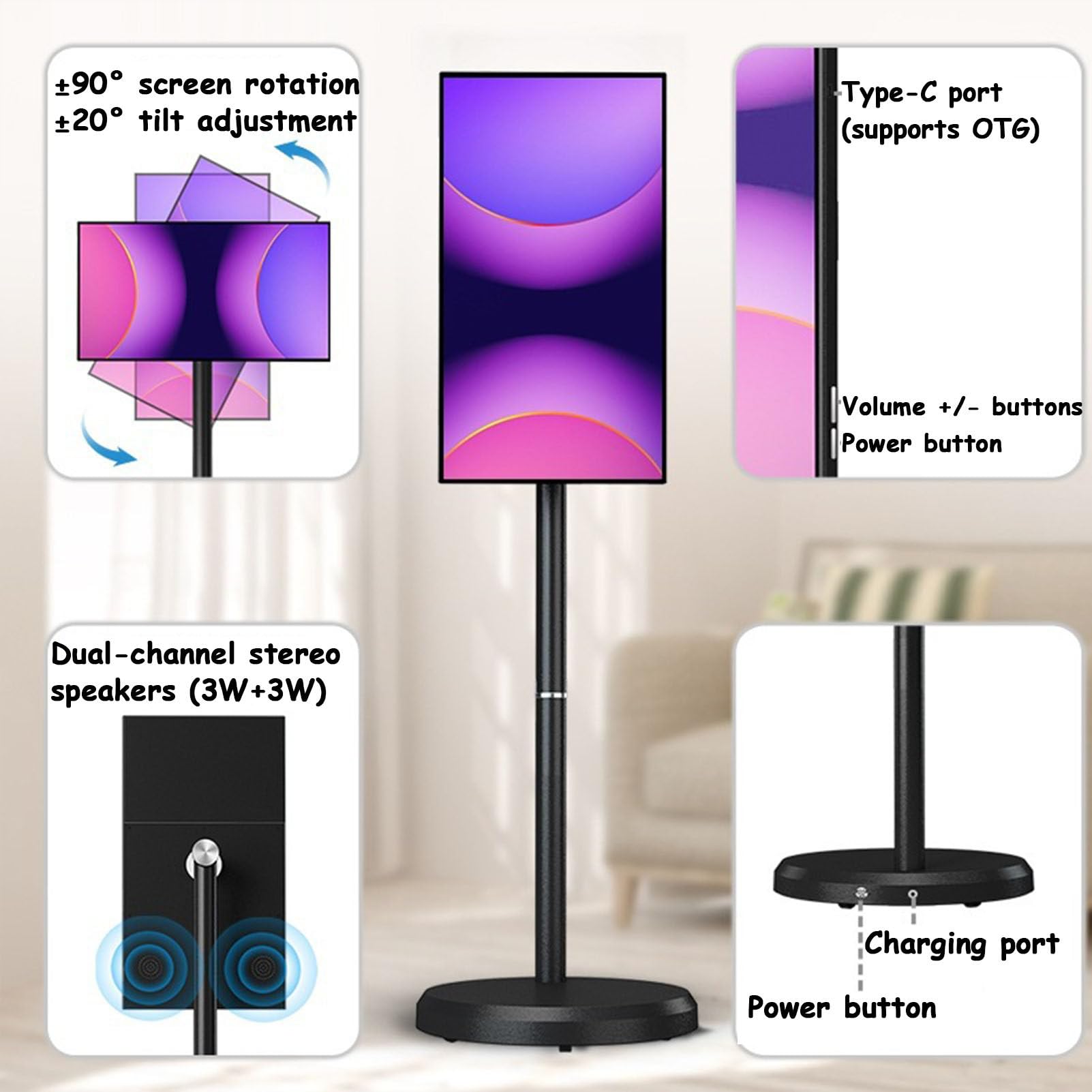 Smart TV Portatile FHD da 21,5 Pollici, operativo Android 14, TV Mobile su Ruote con Touch Screen Girevole, Batteria Integrata da 6000 mAh, Rotazione Completa Black-4+64G