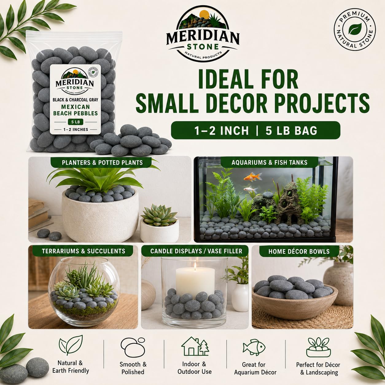 Black Mexican Beach Pebbles 5 lb Bag, 1–2 Inch Natural Decorative Stones – Smooth River Rocks for Landscaping, Planters, Vases, Aquariums, Terrariums, Fountains & Garden Décor