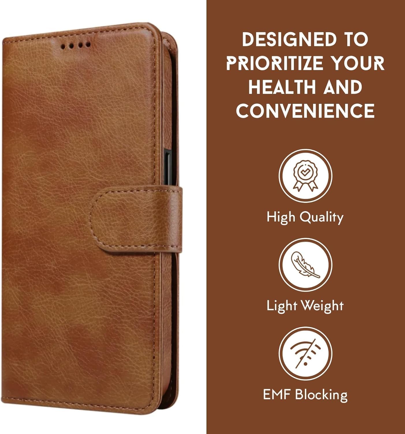 EMF Protection Anti Radiation Leather Flip Folio Case for iPhone, Genuine Leather Wallet Case/Cover with Card Holder & Stand Function Brown - Image 4