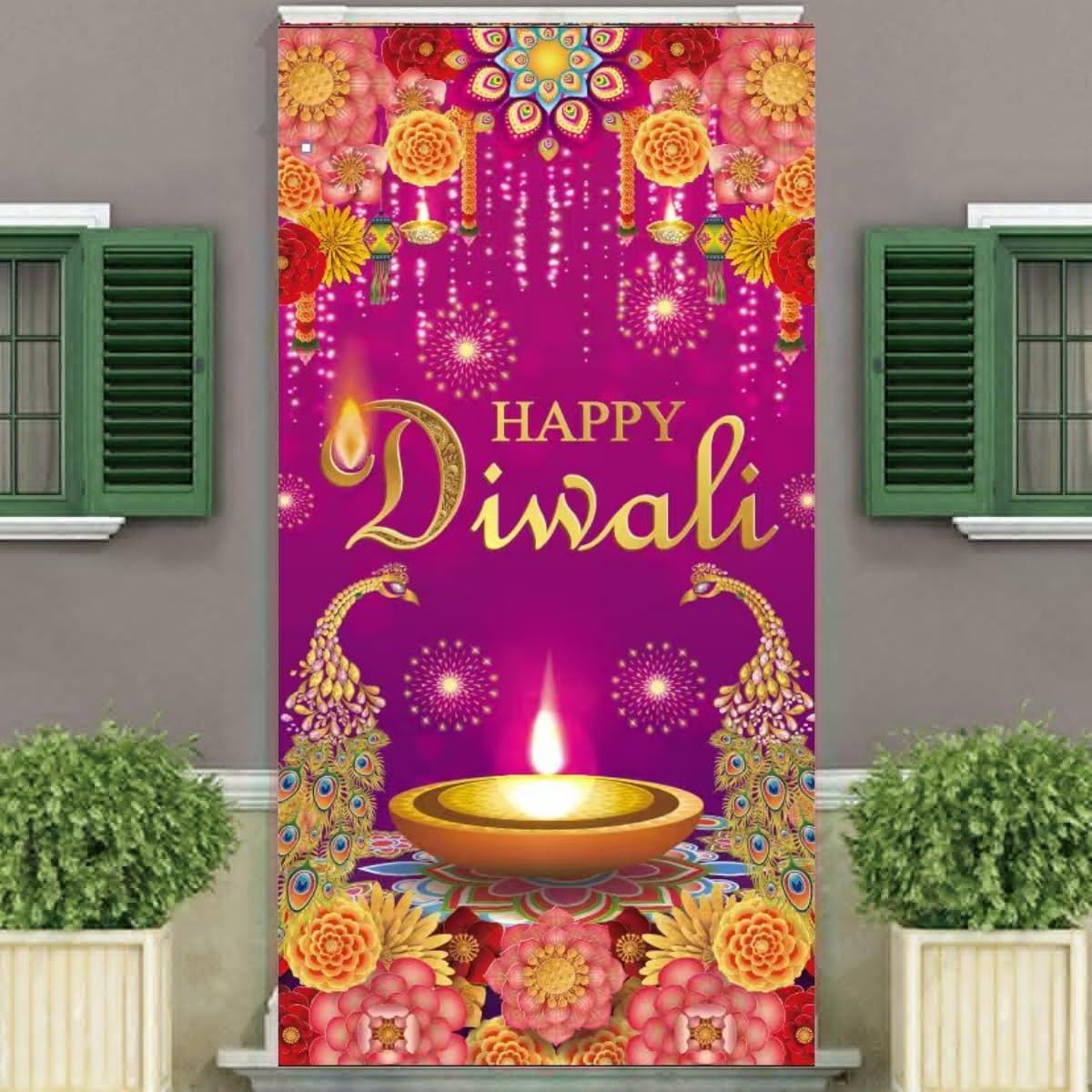 KYMY Happy Diwali Door Cover Decorations, India Festival of Lights Banner Sign 70.9" X 34.5", Durable Festival of Lights Rangoli Deepavali Photography Background for Indian Diwali Party Supplies Decor