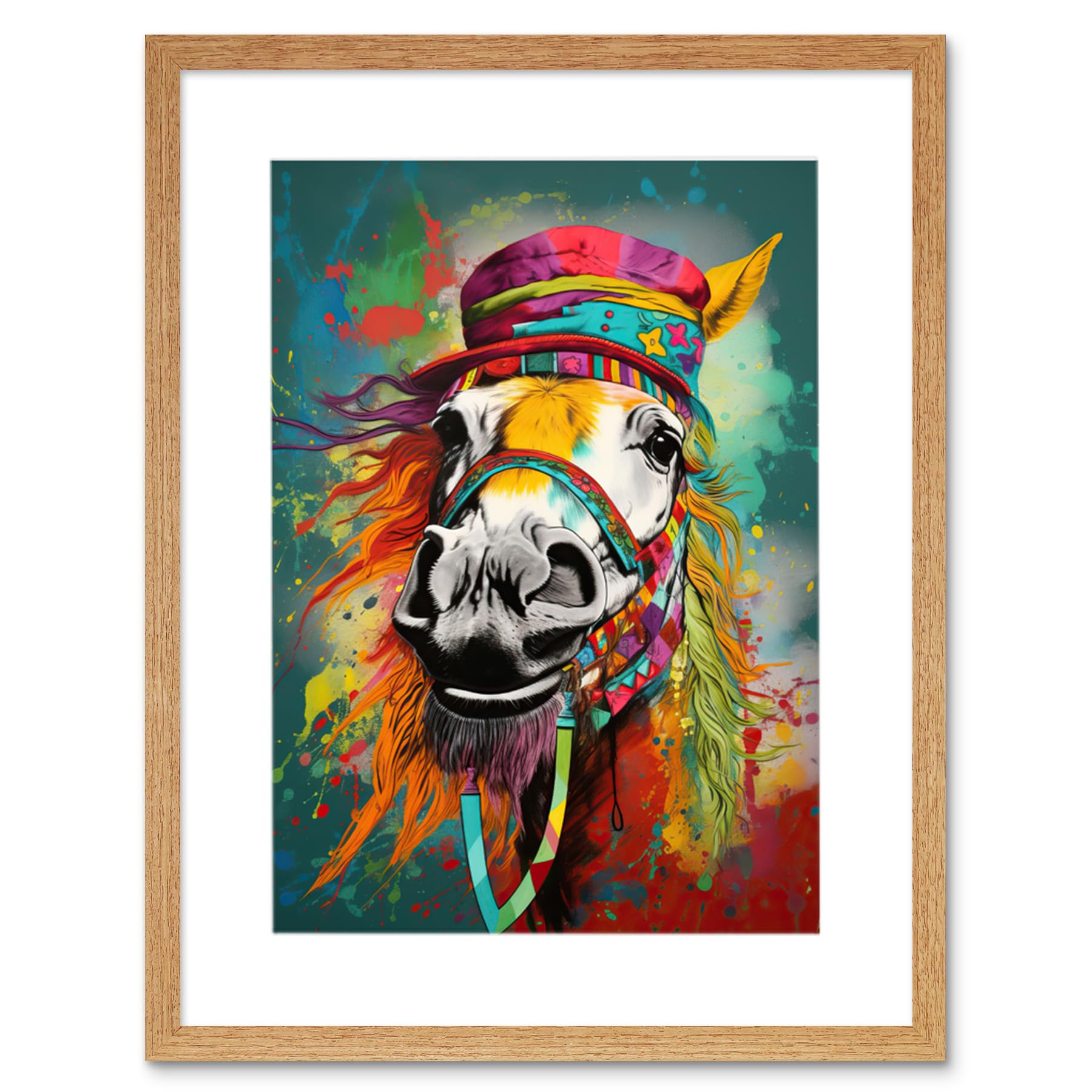 Artery8 Hippie Horse with Multicoloured Hat and Bridles Artwork Framed Wall Art Print 12X16 Inch
