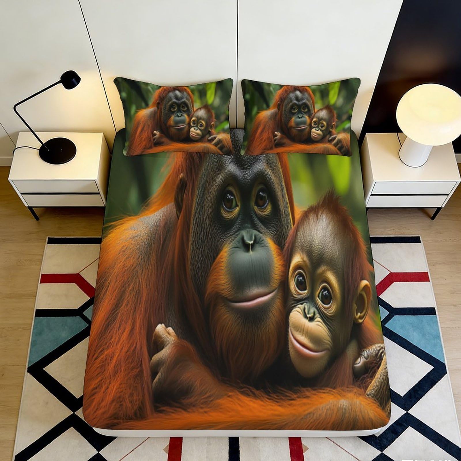 3D Printed Orangutan Fitted Sheet Microfiber Soft Breathable Monkey Mattress Cover for Bedroom Dormitory Guest Room Decor 180x200x25cm